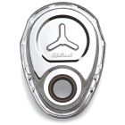 Edelbrock Timing Cover Small Block Chevy Stamped Steel With Welded Star and Logo Chrome