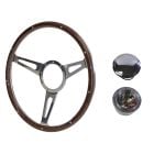 Steering Wheel Kit 1965 GT350-Style Woodgrain 15" 9-Bolt Mustang 65-67 w/ Polished Billet Horn Button