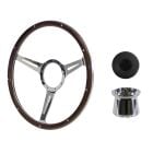 Steering Wheel Kit 1965 GT350-Style Woodgrain 15" 9-Bolt Mustang 64-1/2 w/ Polished Aluminum Horn Button