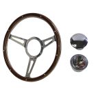 Steering Wheel Kit 1965 GT350-Style Woodgrain 14" 9-Bolt Mustang 65-67 w/ Polished Billet Horn Button