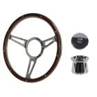 Steering Wheel Kit 1965 GT350-Style Woodgrain 14" 9-Bolt Mustang 64-1/2 w/ Polished Aluminum Horn Button