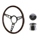 Steering Wheel Kit Shelby-Style Woodgrain 15" 9-Bolt Mustang 68-73 w/ Polished Aluminum Horn Button