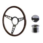 Steering Wheel Kit Shelby-Style Woodgrain 15" 9-Bolt Mustang 68-73 w/ Polished Billet Horn Button