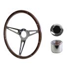 Steering Wheel Kit Shelby-Style Woodgrain 15" 6-Bolt Mustang 64-1/2 w/ Smooth Cap Polished Horn Button