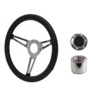 Steering Wheel Kit Shelby-Style Simulated Leather 14" 6-Bolt Mustang 64-1/2 Black w/ Polished Horn Button
