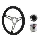 Steering Wheel Kit Shelby-Style Simulated Leather 14" 6-Bolt Mustang 64-1/2 Black w/ Smooth Cap Polished Horn Button