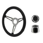 Steering Wheel Kit Shelby-Style Black Simulated Leather 14" 6-Bolt Mustang 70-73 w/ Polished Horn Button