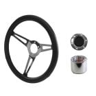 Steering Wheel Kit Shelby-Style Simulated Leather 15" 6-Bolt Mustang 64-1/2 Black w/ Polished Horn Button