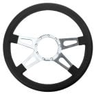 VSW Steering Wheel 14" 9-Hole Black Leather Mustang 65-73 w/ Polished Aluminum Tear Drop 4-Spoke Center