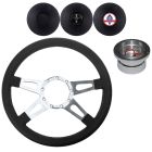 VSW Steering Wheel Kit 14" Black Leather 4-Spoke Tear Drop Polished Aluminum With Billet Adapter And Horn Button Mustang 1965-1966