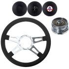 VSW Steering Wheel Kit 14" Black Leather 4-Spoke Tear Drop Polished Aluminum With Billet Adapter And Horn Button Mustang 1984-1989