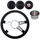 VSW Steering Wheel Kit 14" Black Leather 3-Hole 4-Spoke Polished Aluminum With Billet Adapter And Horn Button Mustang 1965-1966