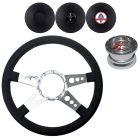 VSW Steering Wheel Kit 14" Black Leather 3-Hole 4-Spoke Polished Aluminum With Billet Adapter And Horn Button Mustang 1967-1973 