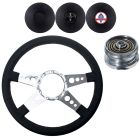 VSW Steering Wheel Kit 14" Black Leather 3-Hole 4-Spoke Polished Aluminum With Billet Adapter And Horn Button Mustang 1984-1989