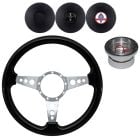VSW Steering Wheel Kit 14" Black Wood 3-Hole 3-Spoke Polished Aluminum With Billet Adapter And Horn Button Mustang 1965-1966