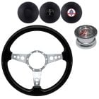 VSW Steering Wheel Kit 14" Black Wood 3-Hole 3-Spoke Polished Aluminum With Billet Adapter And Horn Button Mustang 1967-1973