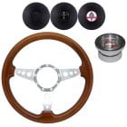 Volante Steering Wheel Kit 14" Walnut Wood 3-Hole 3-Spoke Polished Aluminum With Billet Adapter And Horn Button Mustang 1965-1966