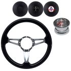 VSW Steering Wheel Kit 14" Black Wood 3-Spoke Tear Drop Polished Aluminum With Billet Adapter And Horn Button Mustang 1967-1973