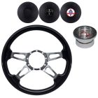 VSW Steering Wheel Kit 14" Black Wood 4-Spoke Tear Drop Polished Aluminum With Billet Adapter And Horn Button Mustang 1965-1966