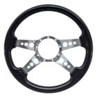 VSW Steering Wheel 14" 9-Hole Black Wood With Polished Aluminum 3-Hole 4-Spoke Center Mustang 1965-1973