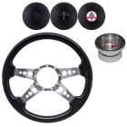 VSW Steering Wheel Kit 14" Black Wood 3-Hole 4-Spoke Polished Aluminum With Billet Adapter And Horn Button Mustang 1965-1966