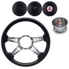 VSW Steering Wheel Kit 14" Black Wood 3-Hole 4-Spoke Polished Aluminum With Billet Adapter And Horn Button Mustang 1967-1973 