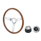 VSW Steering Wheel Kit 1965 GT350 Style 15" Woodgrain/ Rivets Mustang 65-66 w/ Brushed Tri-Bar Horn Button/ 6-Bolt Adapter