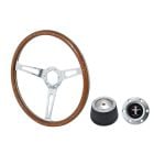 VSW Steering Wheel Kit 1965 GT350 Style 15" Woodgrain/ Rivets Mustang 67-73 w/ Brushed Tri-Bar Horn Button/ 6-Bolt Adapter