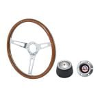 VSW Steering Wheel Kit 1965 GT350 Style 15" Woodgrain/Rivets Mustang 67-73 w/ Brushed GT350 Logo Horn Button/ 6-Bolt Adapter