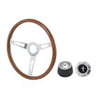 VSW Steering Wheel Kit 1965 GT350 Style 15" Woodgrain Mustang 65-66 w/ Brushed Tri-Bar Horn Button/6-Bolt Adapter