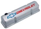 PROFORM Valve Covers Slant-Edge Metalic Gray Aluminum Tall Pair With Blue and Red Chevrolet Bowtie Logo 262-400 Small Block Engine