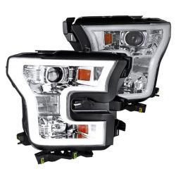 Projector Headlights With LED Perimeter/ Daytime Running Lights Chrome Pair For Factory Halogen Headlights F-150 2015-2017