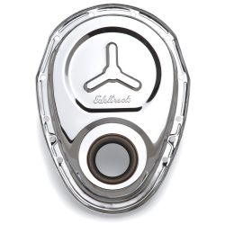 Edelbrock Timing Cover Small Block Chevy Stamped Steel With Welded Star and Logo Chrome