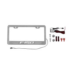 American Car Craft License Plate Frame Brushed Stainless Steel With Illuminated F-150 Logo White