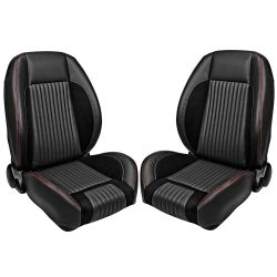 TMI Front Bucket Seat Sport R Pro-Series Low Back Black With Red Stitching Pair Mustang 1968-1969