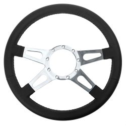 VSW Steering Wheel 14" 9-Hole Black Leather Mustang 65-73 w/ Polished Aluminum Tear Drop 4-Spoke Center