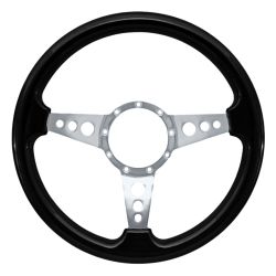 VSW Steering Wheel 14" 9-Hole Black Wood With Polished Aluminum 3-Hole 3-Spoke Center Mustang 1965-1973
