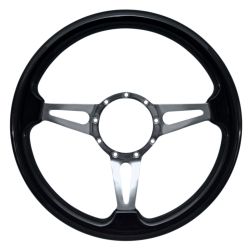 VSW Steering Wheel 14" 9-Hole Black Wood With Polished Aluminum Tear Drop 3-Spoke Center Mustang 1965-1973