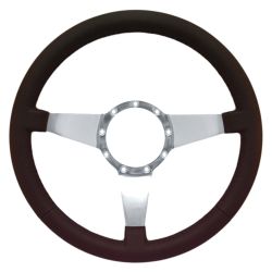 VSW 14" 9-Hole Black Leather Steering Wheel Mustang 65-73 W/ Polished Aluminum Solid 3-Spoke Center