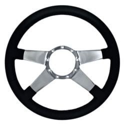 VSW Steering Wheel 14" 9-Hole Black Leather With Polished Aluminum Solid 4-Spoke Center Mustang 1965-1973