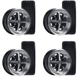 Moray Wheels Magnum GT4 Wheel And Tire Package 15”X6” 4-Lug Gloss Black/Polished Alloy Mustang 1965-1973