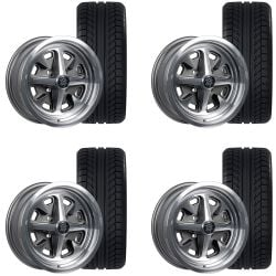 Moray Wheels Magnum GT4 Alloy Wheel And Tire Package 4-Lug Gloss Dark Gray/ Polished 15”X6” Mustang 1965-1973