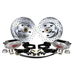 Master Power Manual Disc Brake Conversion Kit Front 11" Drilled Slotted Four Piston Billet Caliper With Mustang V8 Spindles 1965-1966/All 1967-1969