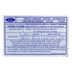 200 Cid At/Mt Emission Decal 1971 Mustang