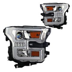 Projector Headlights With Daytime Running Light Bar Chrome With Factory Halogen Headlights Pair F-150 2015-2017