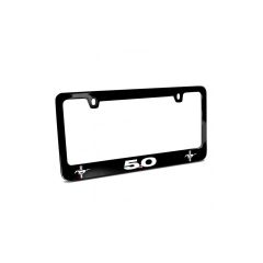 License Plate Frame Black Metal With White 5.0 Logo And Dual Tri-Bar Logos Mustang