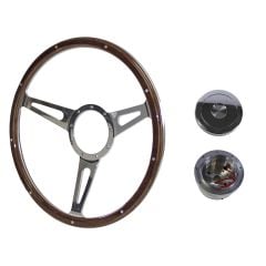 Steering Wheel Kit 1965 GT350-Style Woodgrain 15" 9-Bolt Mustang 65-67 w/ Polished Horn Button