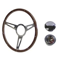Steering Wheel Kit 1965 GT350-Style Woodgrain 15" 9-Bolt Mustang 65-67 w/ Polished Billet Horn Button