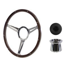 Steering Wheel Kit 1965 GT350-Style Woodgrain 15" 9-Bolt Mustang 64-1/2 w/ Polished Aluminum Horn Button