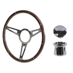 Steering Wheel Kit 1965 GT350-Style Woodgrain 15" 9-Bolt Mustang 64-1/2 w/ Polished Billet Horn Button